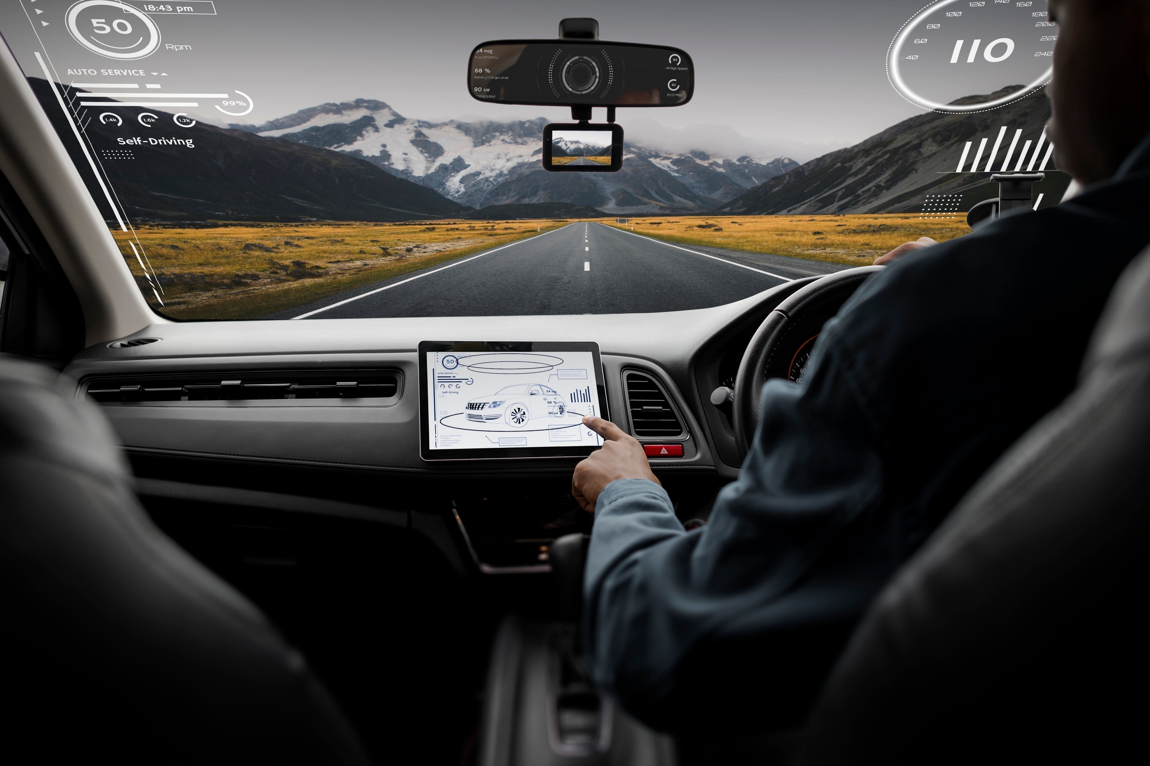Interior view of a vehicle with a compact dash cam installed on the front windshield for safety