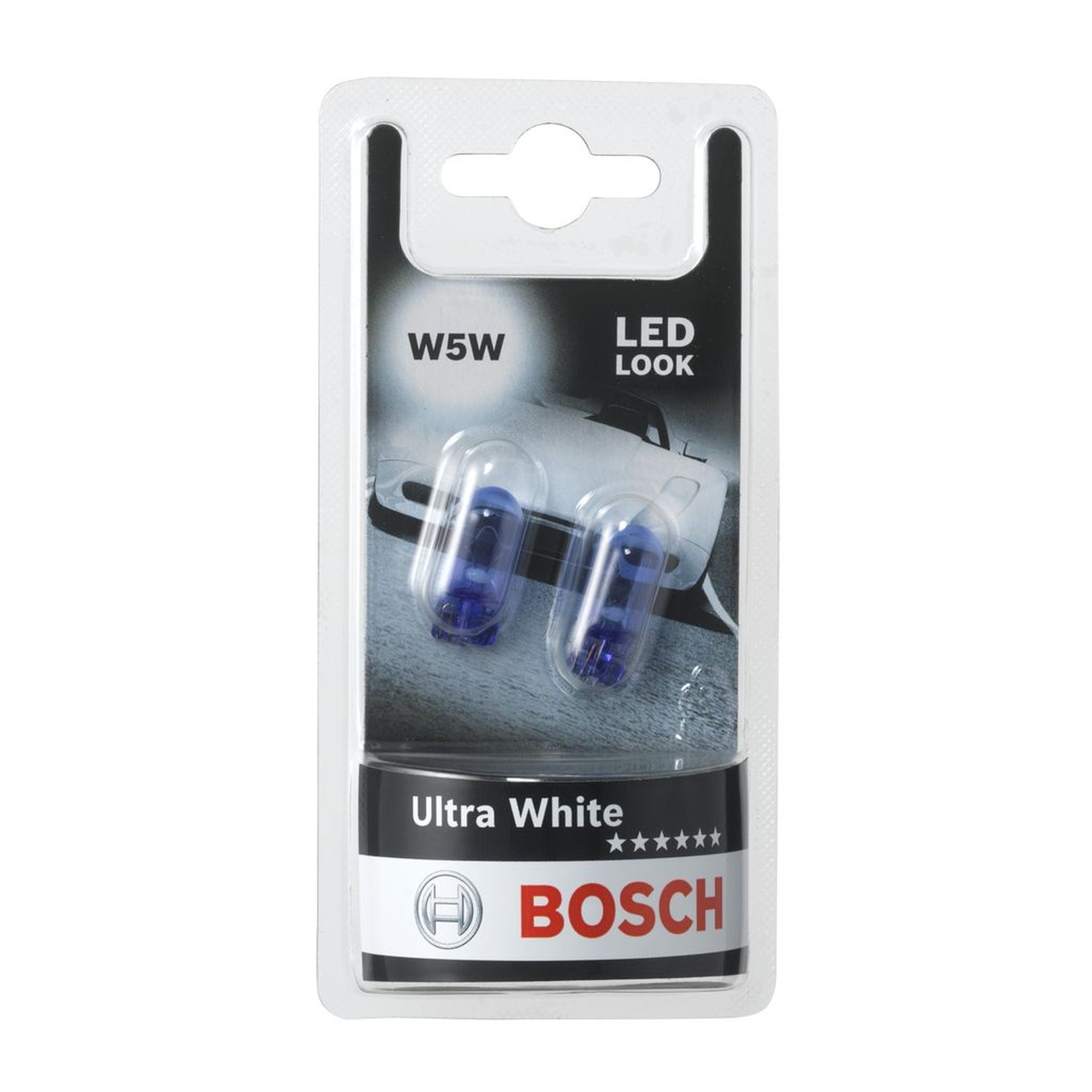 Bosch 501 W5W 12V 5W Ultra White side light bulbs twin pack, OEM-quality car side lamps for crisp white illumination and improved visibility