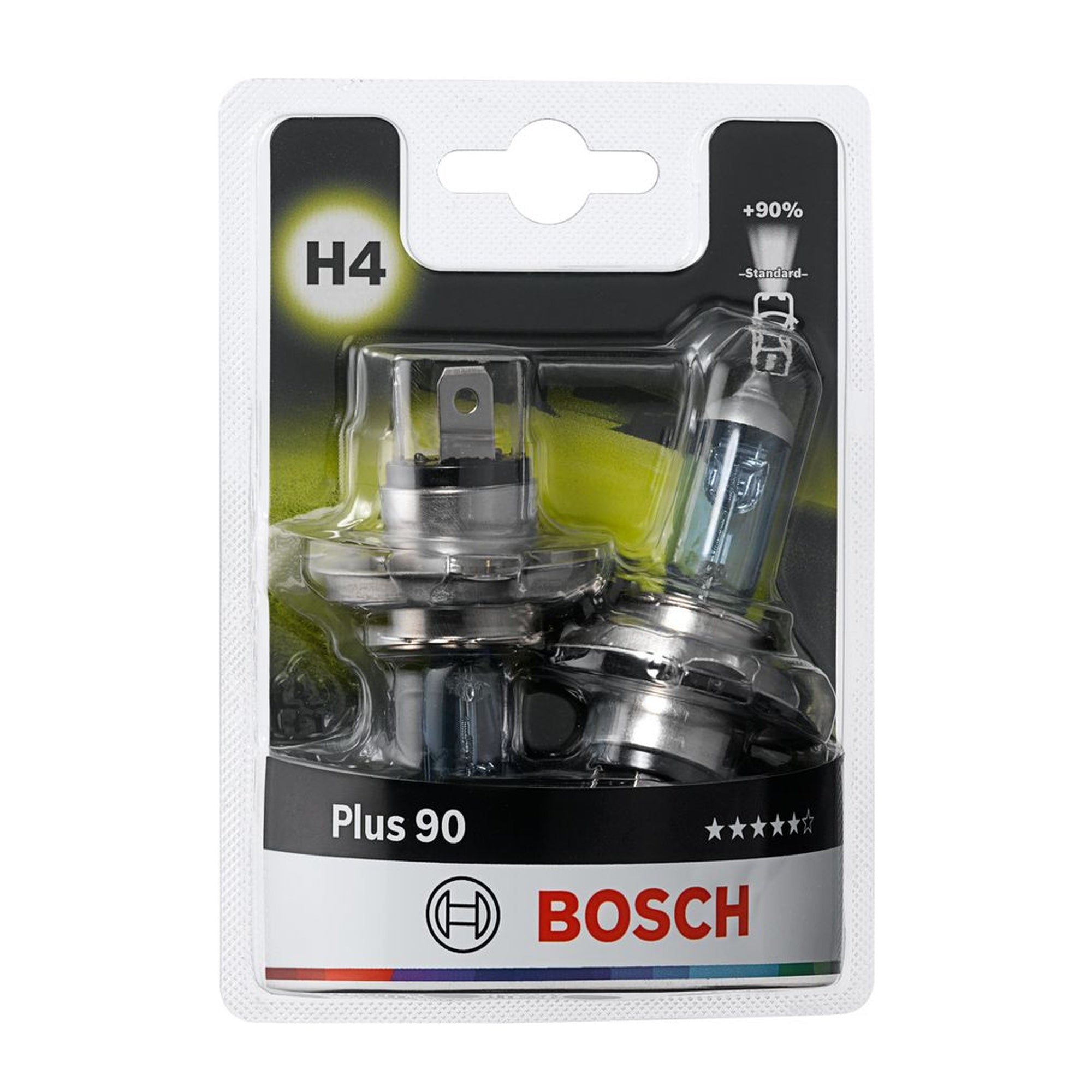 Bosch H4 12V 60/55W Plus 90 headlight bulbs twin pack, OEM-quality car headlights for improved brightness and safer night driving