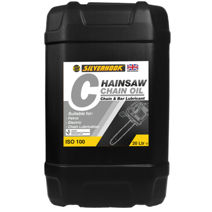 20-liter container of Silverhook Oil Chainsaw ISO 100, industrial chain oil in a large plastic drum with handle, labeled for chainsaw lubrication use
