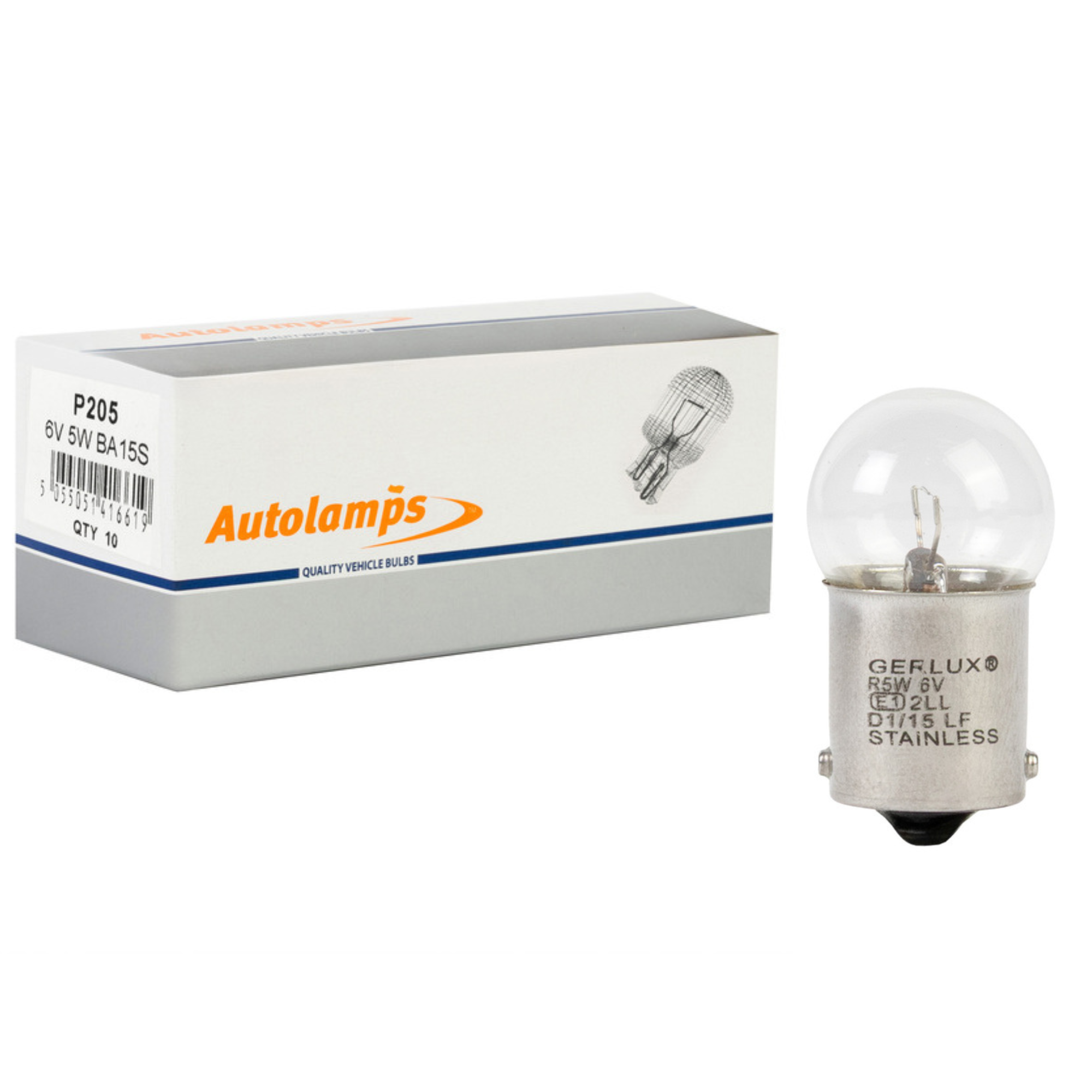 Pack of 10 Autolamps 205 replacement bayonet bulbs, 6V 5W BA15S type, suitable for side and tail lights.