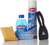 CarPlan winter car care kit, includes de-icer, ice scraper, brush, and windscreen protector.