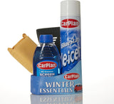 CarPlan winter car care kit, includes de-icer, ice scraper, brush, and windscreen protector.