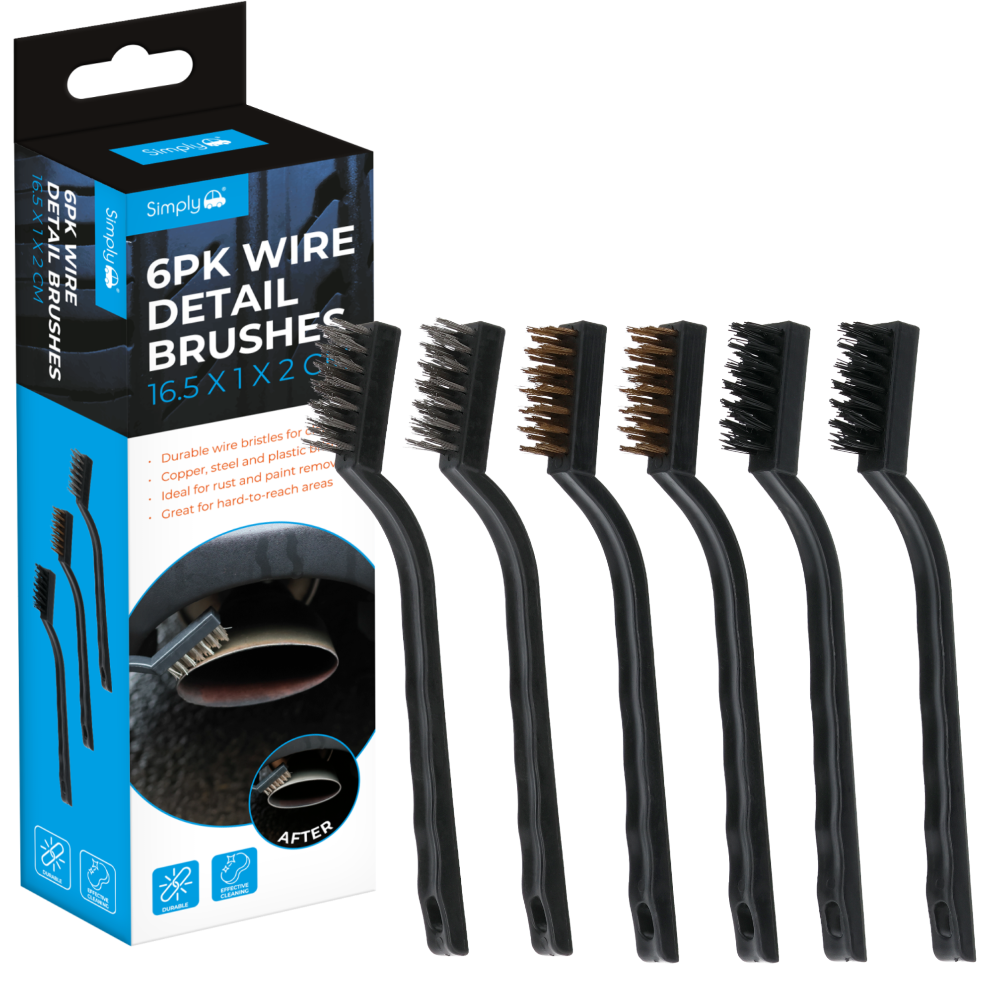 Simply 6PC Wire Brush Set Copper, Steel Polypropylene for Rust Paint Removal