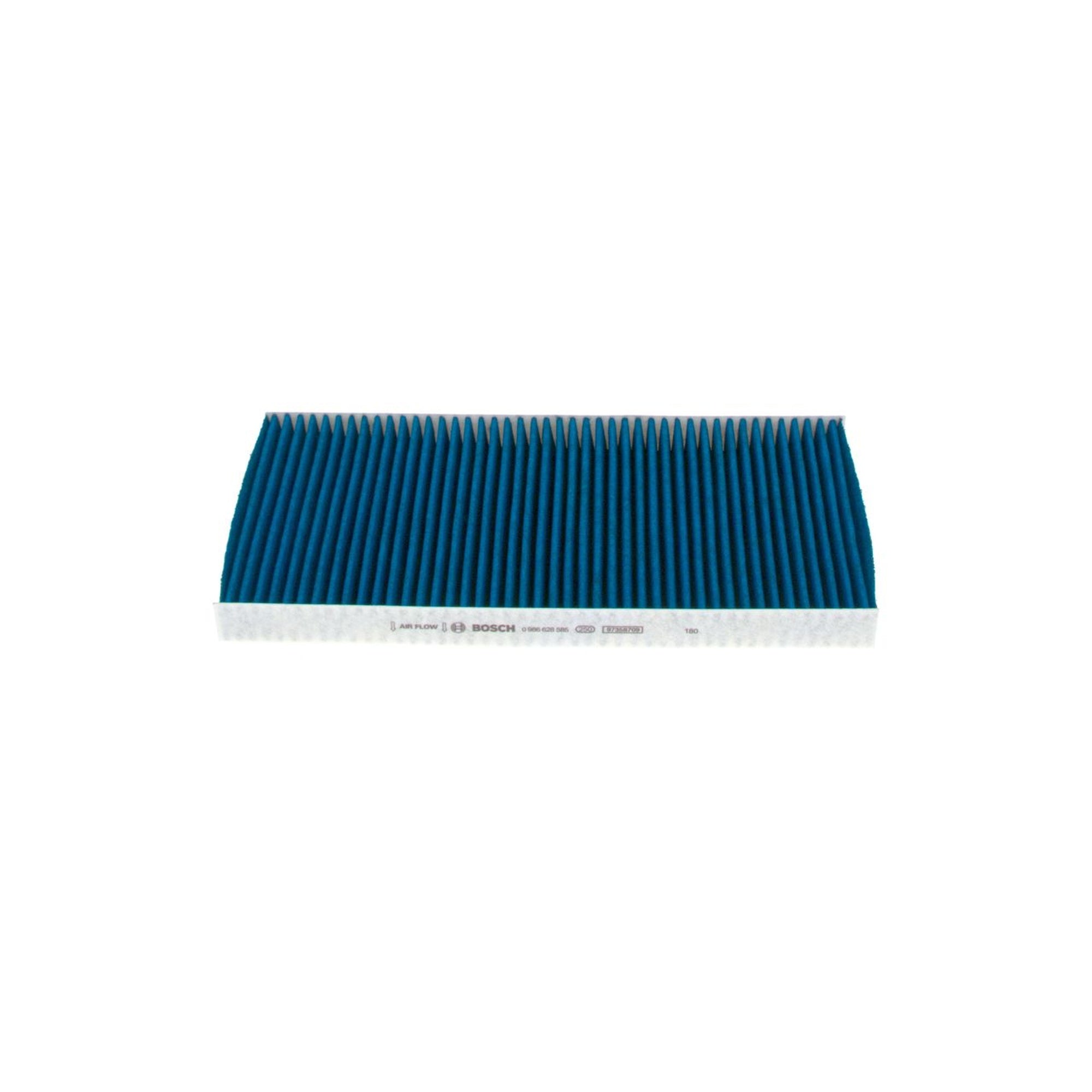 0986628585 - A8585,"Bosch Cabin Air Pollen Filter model 0986628585 (A8585), rectangular automotive air filter with pleated white filtration material and black frame, designed to remove pollen, dust, and other airborne particles from vehicle interiors."