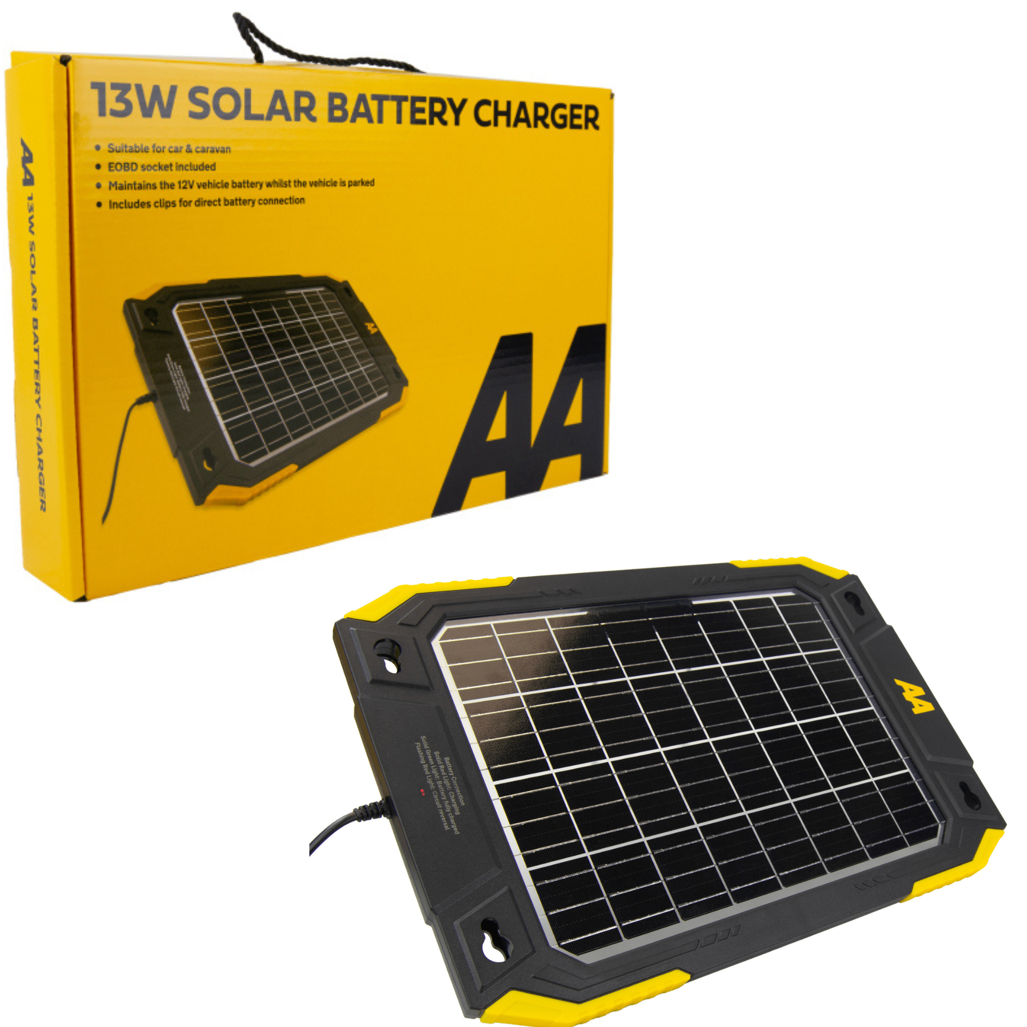 AA 13W Solar Battery Charger – a portable solar panel charger designed to maintain 12V vehicle batteries using solar energy. Features a slim black panel with mounting accessories and a cable with connector clips.