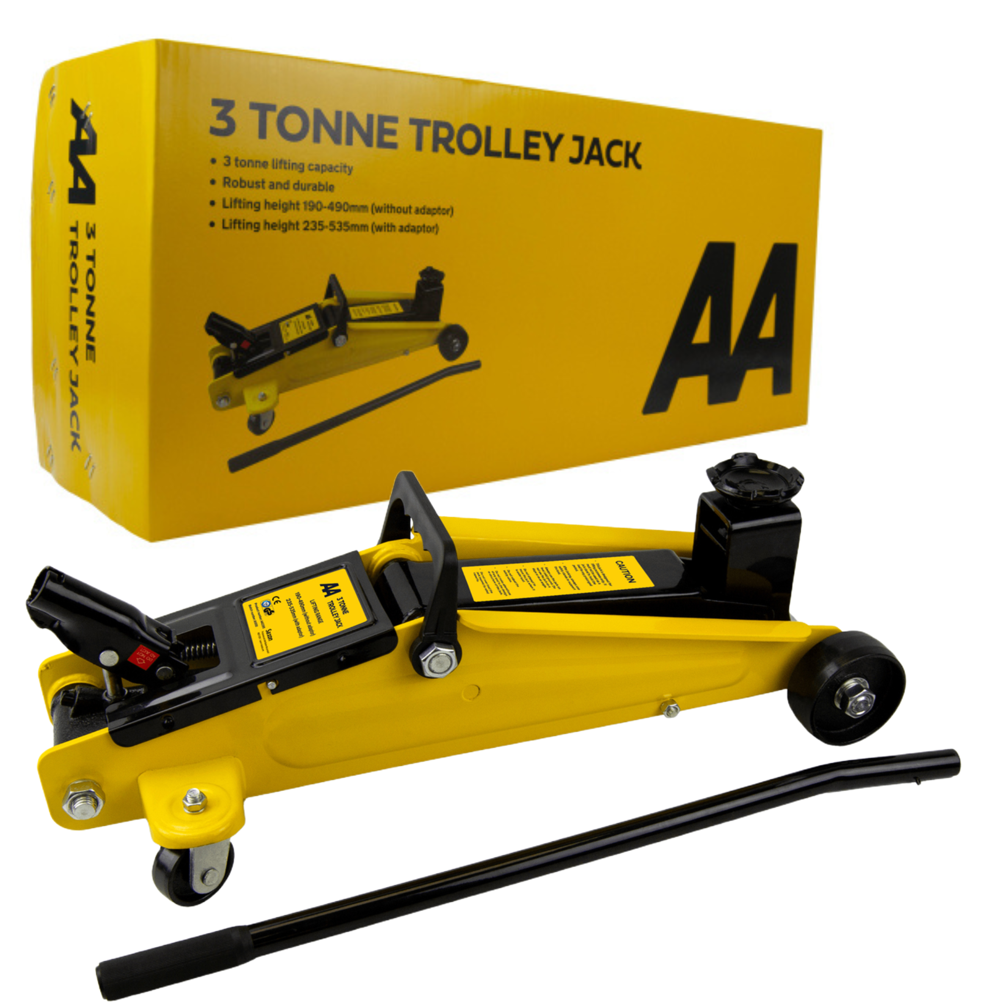 AA 3 Tonne Trolley Jack – a heavy-duty hydraulic jack designed for lifting vehicles up to 3 tonnes. Features a sturdy steel frame, swivel castor wheels, a long handle for easy positioning, and a yellow and black finish