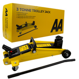 AA 3 Tonne Trolley Jack – a heavy-duty hydraulic jack designed for lifting vehicles up to 3 tonnes. Features a sturdy steel frame, swivel castor wheels, a long handle for easy positioning, and a yellow and black finish