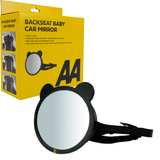 AA backseat baby car mirror, adjustable rectangular mirror designed to attach to a rear headrest, allowing drivers to view a rear-facing baby seat