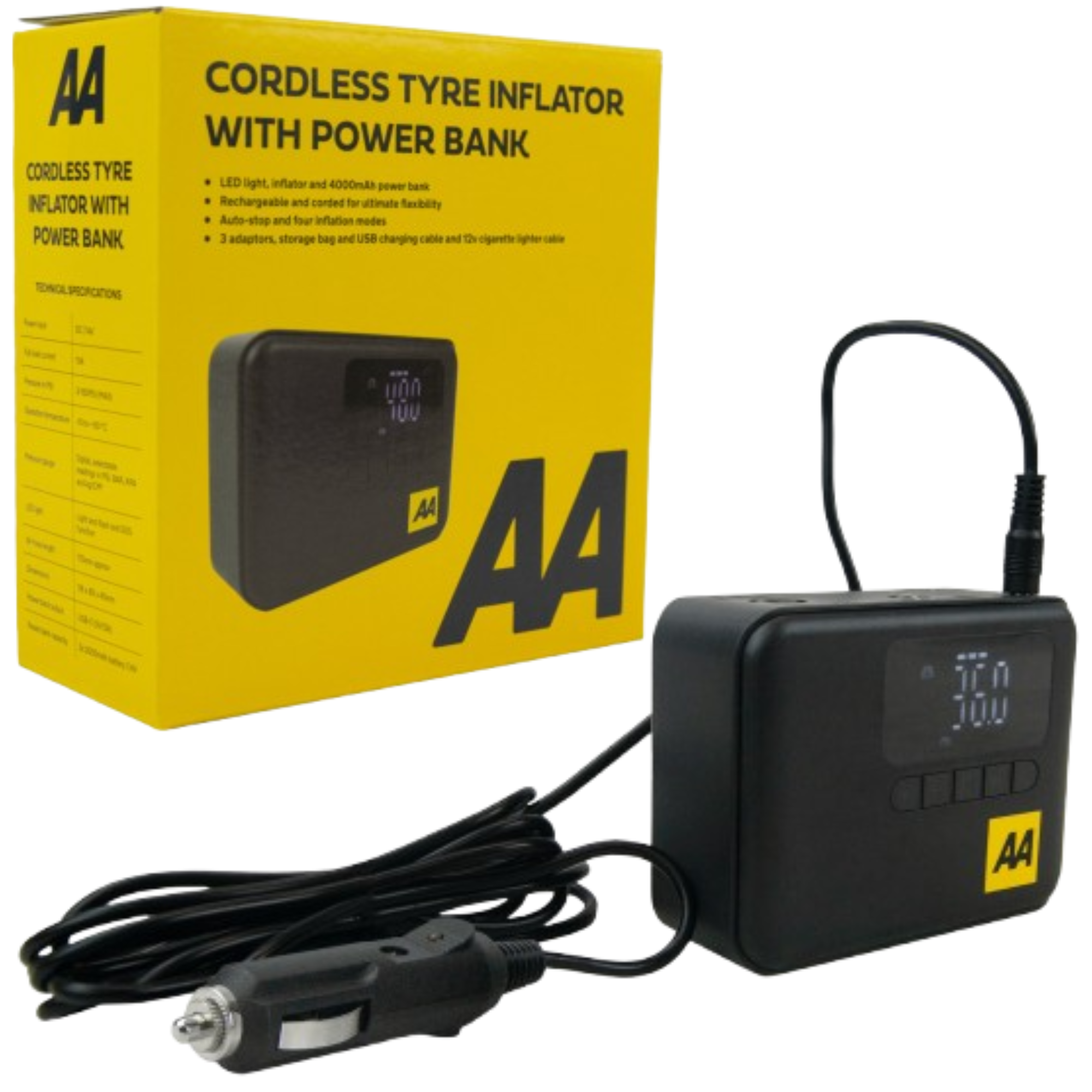 AA cordless tyre inflator with built-in power bank, compact handheld device with digital display, designed for inflating car tyres and powering small devices on the go