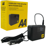 AA cordless tyre inflator with built-in power bank, compact handheld device with digital display, designed for inflating car tyres and powering small devices on the go
