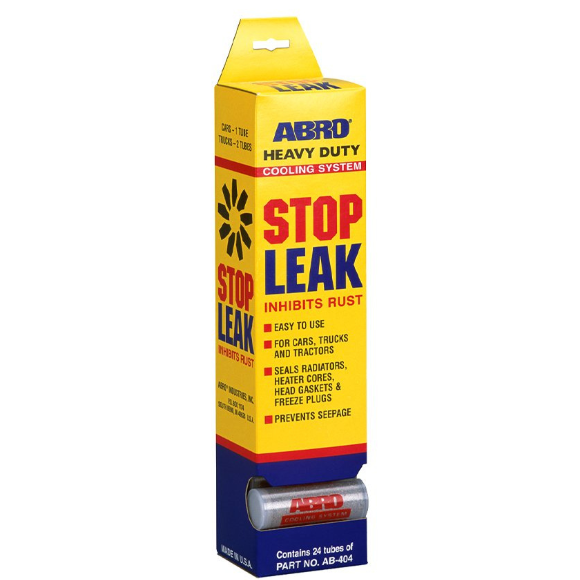 ABRO Radiator Stop Leak – a fast-acting cooling system additive designed to seal minor leaks and cracks in radiators and heater cores. Packaged in a compact gold-colored bottle with a red cap and bold labeling.