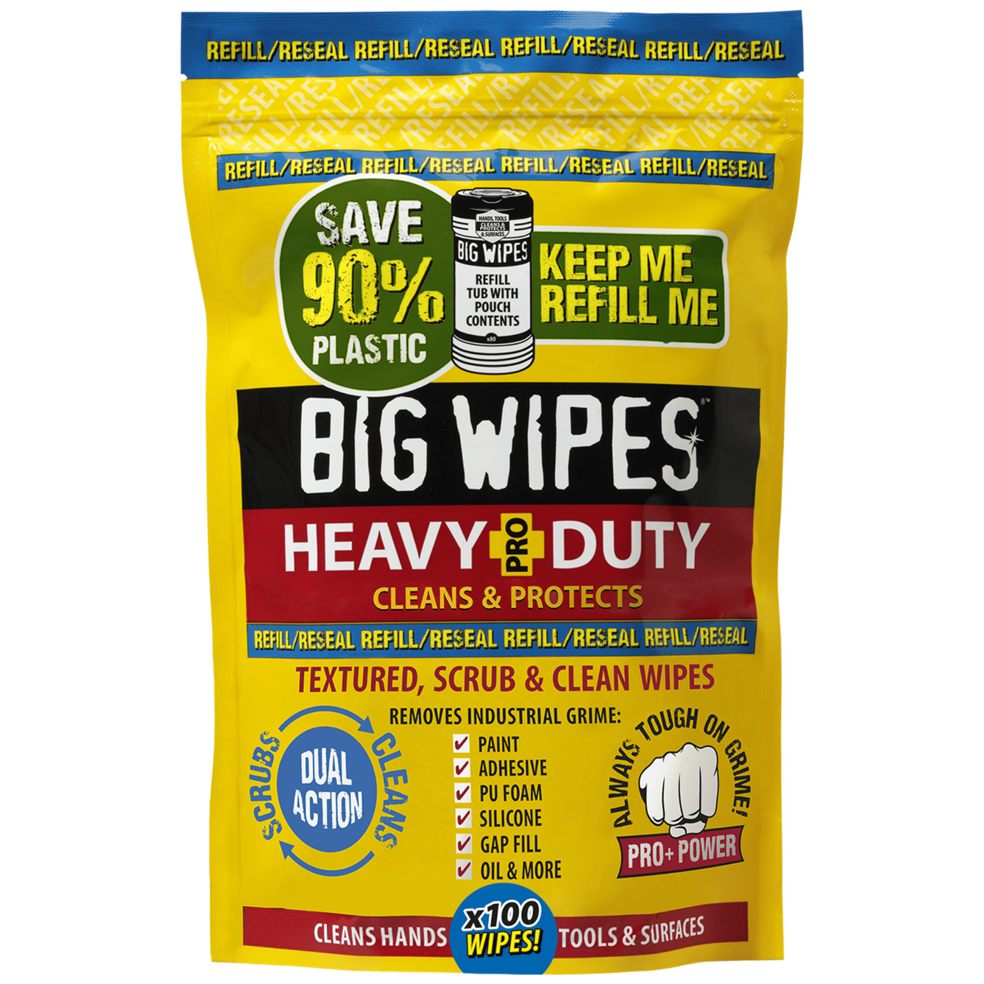 Big Wipes Heavy-Duty Pro+ 100 wipes refill pouch with red top, resealable soft pack designed to refill a wipes tub for heavy-duty cleaning of hands, tools, and surfaces