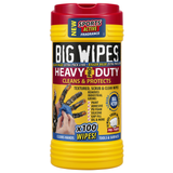 Big Wipes Heavy-Duty Pro+ 100 wipes tub with a red lid, black cylindrical container labeled ‘Big Wipes Pro+,’ designed for heavy-duty cleaning of hands, tools, and surfaces.