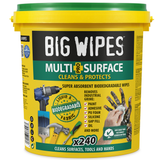 Big Wipes Multi-Surface Pro+ Bio 240 wipes bucket with green lid, large black container labeled ‘Big Wipes Pro+ Bio,’ designed for eco-friendly cleaning of multiple surfaces