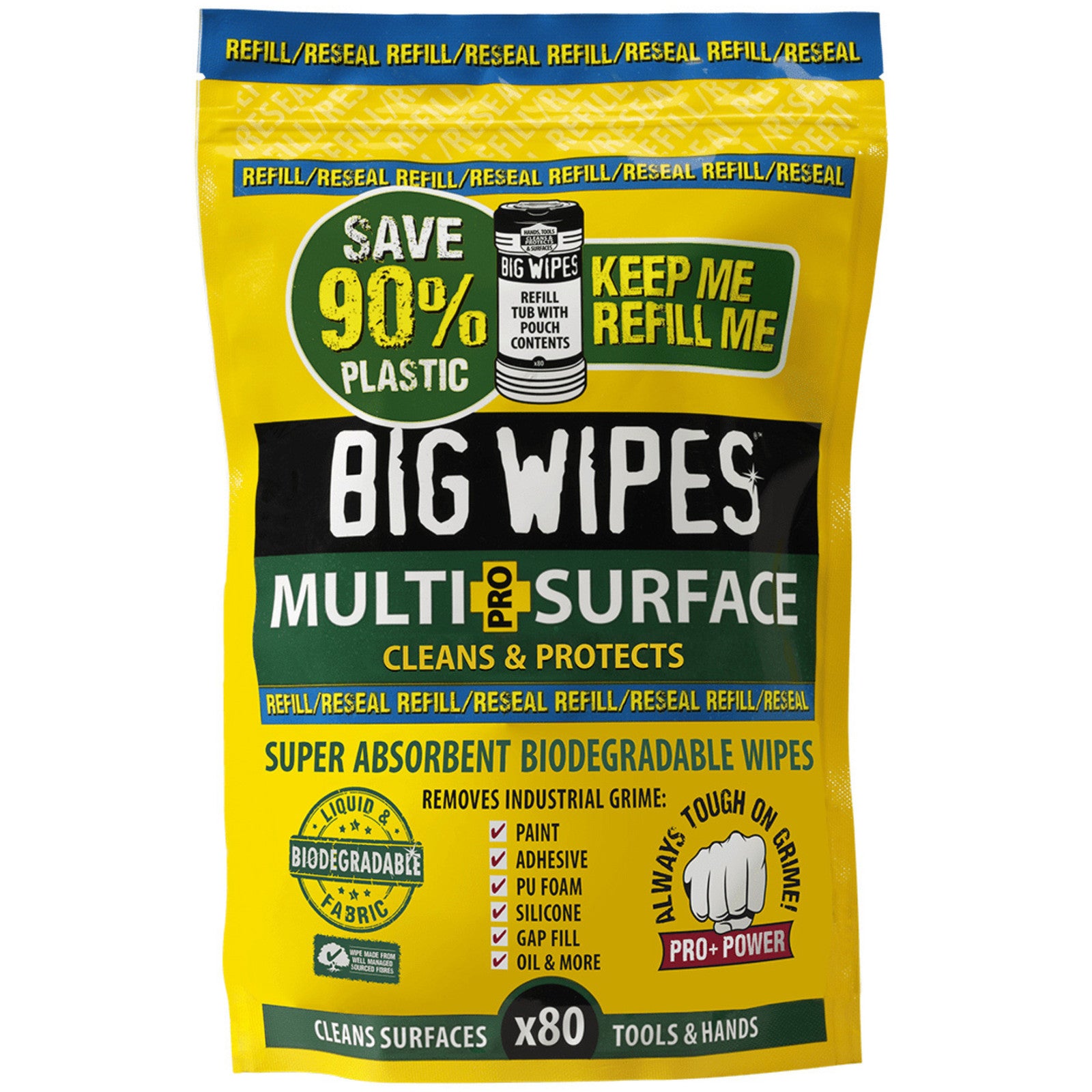 Big Wipes Multi-Surface Pro+ Bio 80 wipes refill pouch with green top, soft resealable pack designed to refill a wipes tub for eco-friendly multi-surface cleaning