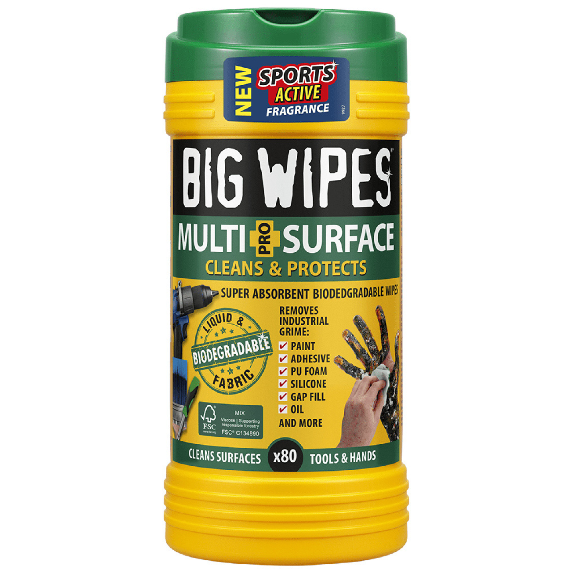 Big Wipes Multi-Surface Pro+ Bio 80 wipes tub with green lid, black cylindrical container labeled ‘Big Wipes,’ designed for eco-friendly cleaning of multiple surfaces