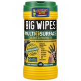 Big Wipes Multi-Surface Pro+ Bio 80 wipes tub with green lid, black cylindrical container labeled ‘Big Wipes,’ designed for eco-friendly cleaning of multiple surfaces