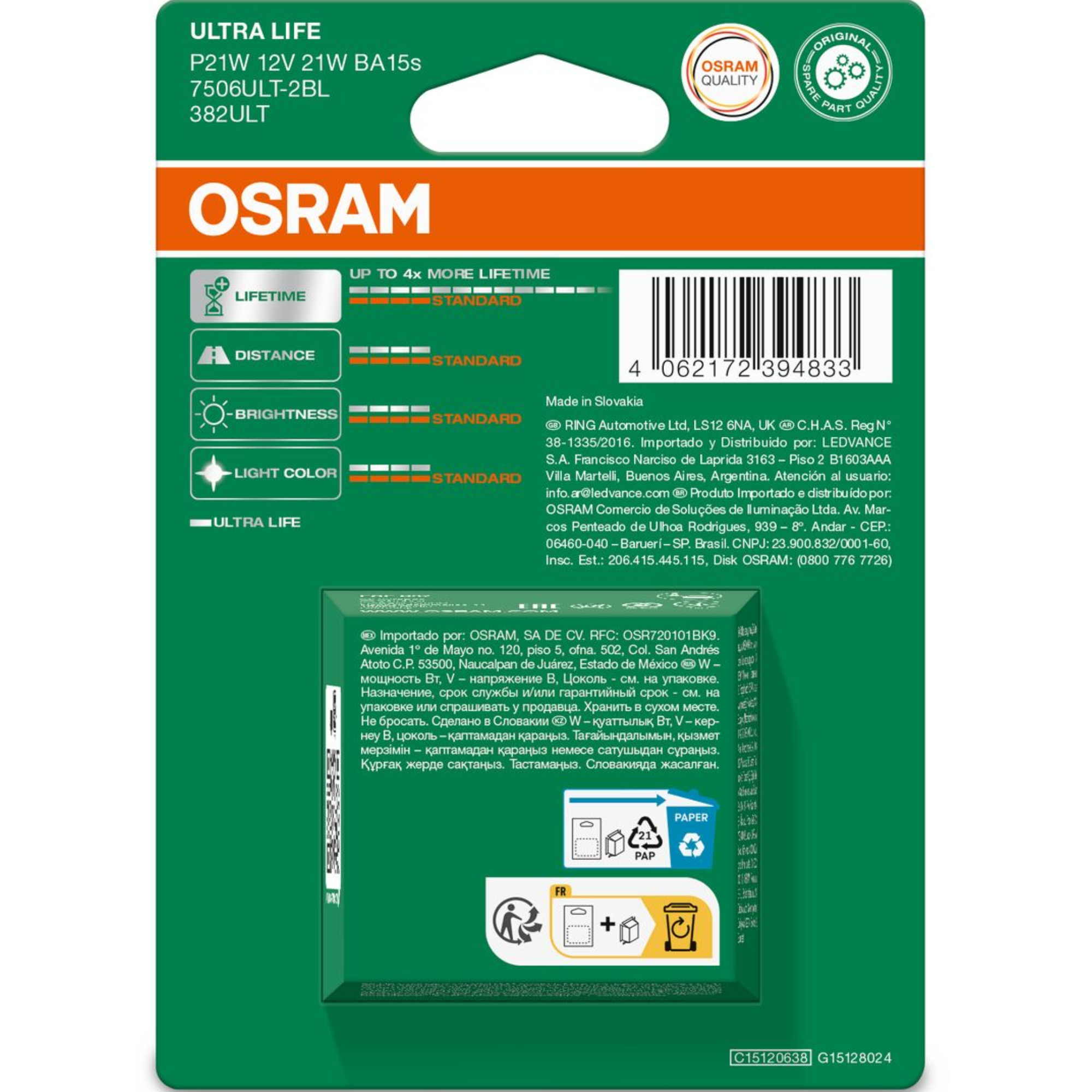 Osram 382 Ultra Life P21W Brake Bulbs (Twin Pack)
