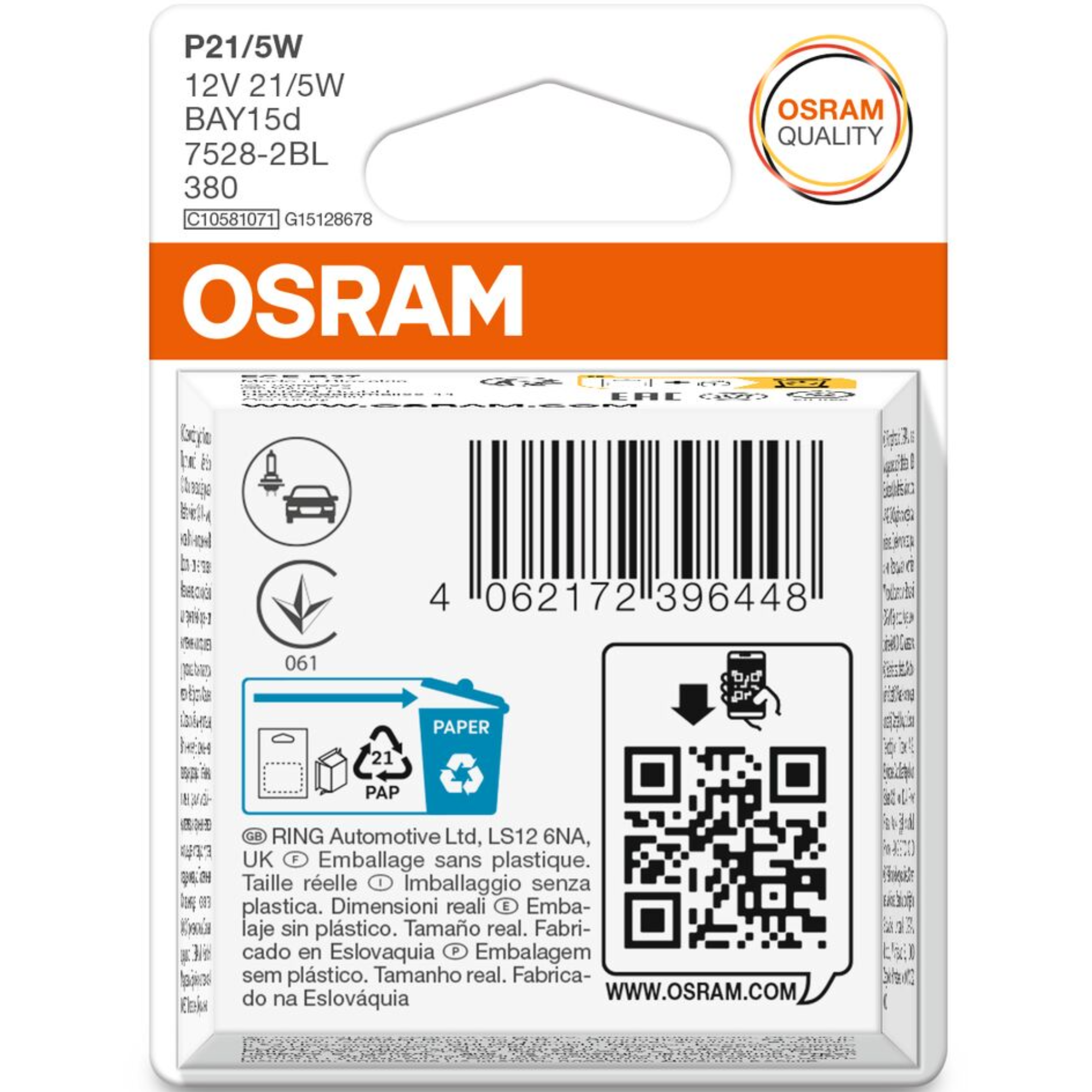 Osram 380 12V P21/5W Original Bayonet Bulbs Bay15D (Twin Blister)