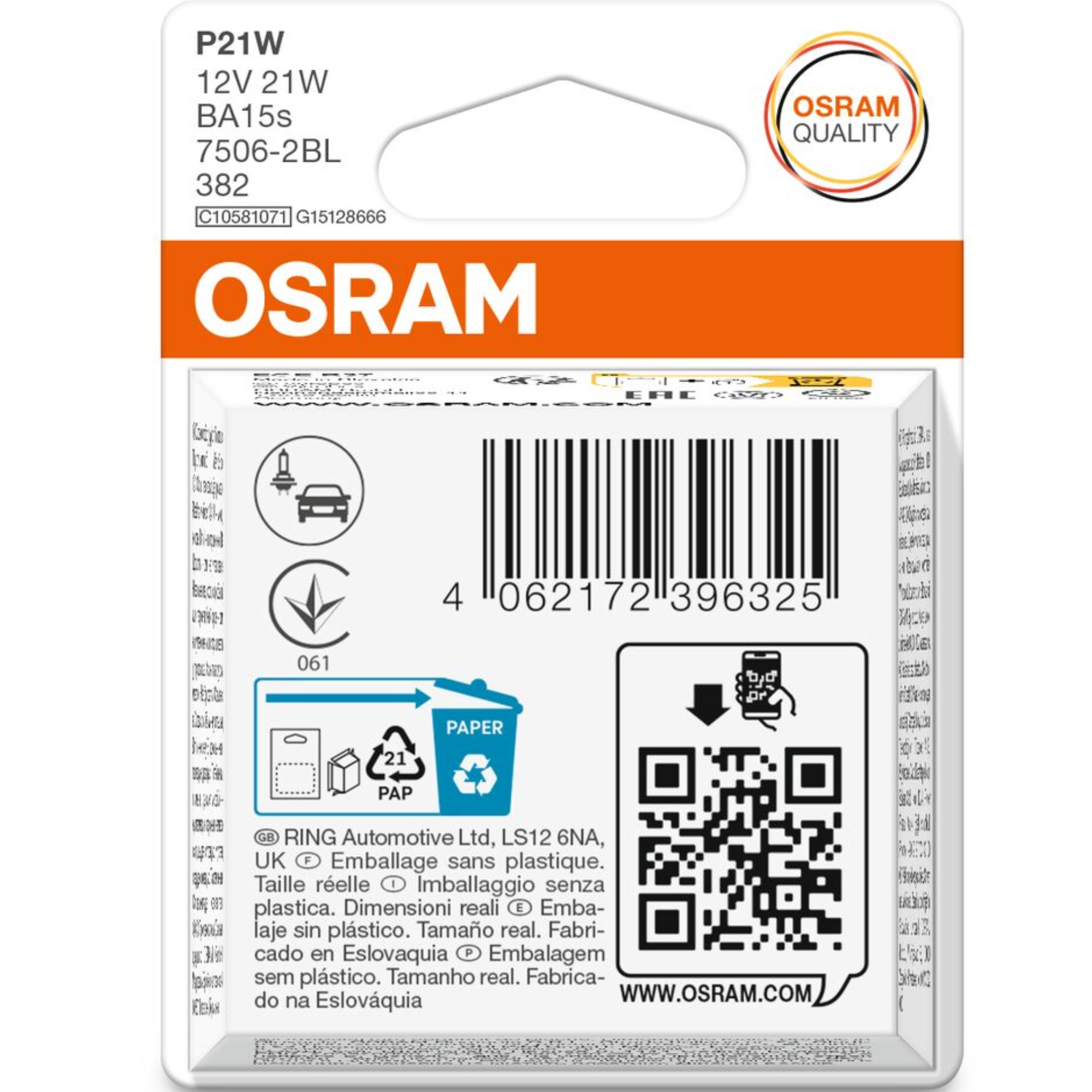 Osram 382 12V P21W Original Bayonet Bulbs Ba15S (Twin Blister)