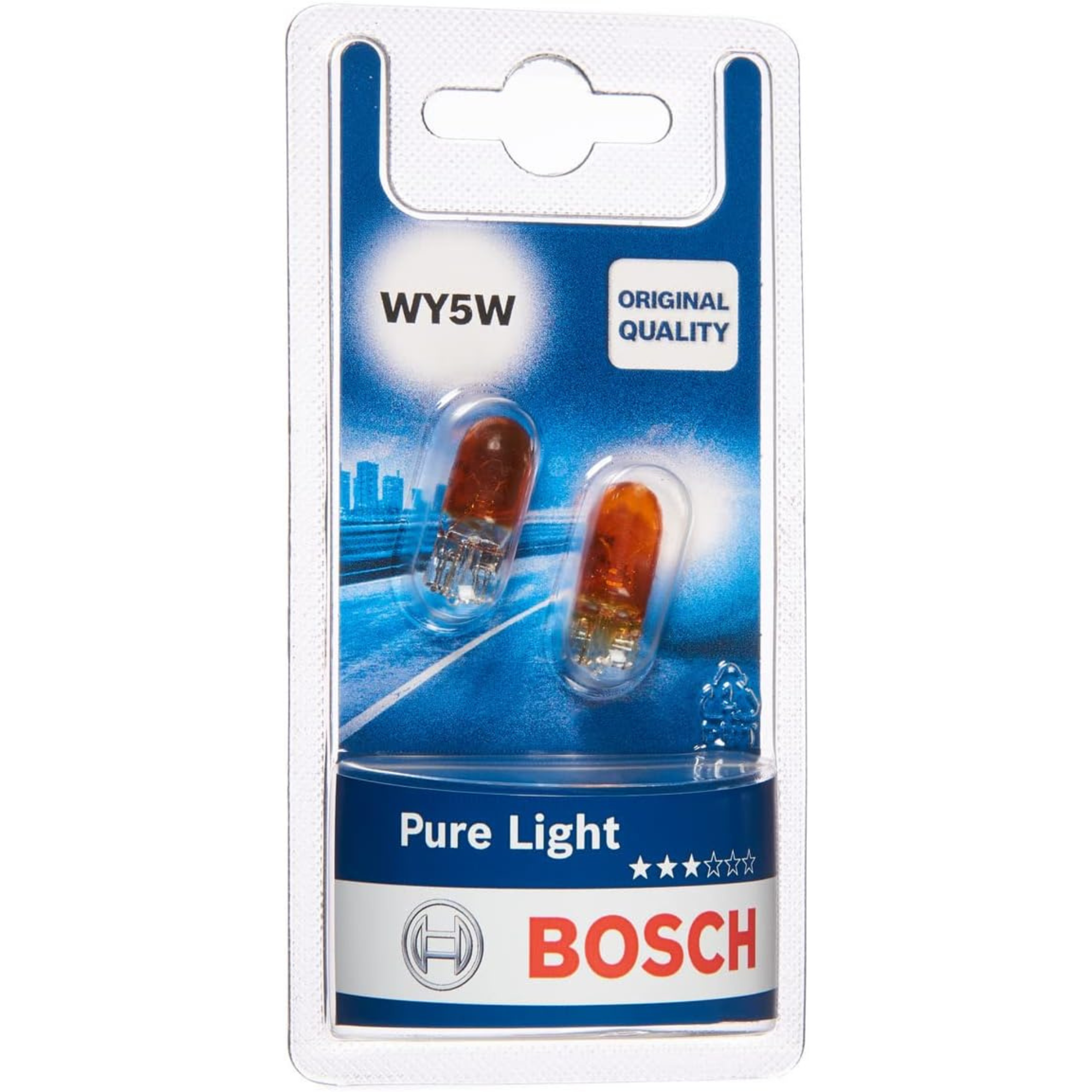 Bosch Pure Light WY5W indicator bulbs (twin pack), 12V 5W amber automotive bulbs designed for clear, reliable turn signal and indicator lighting