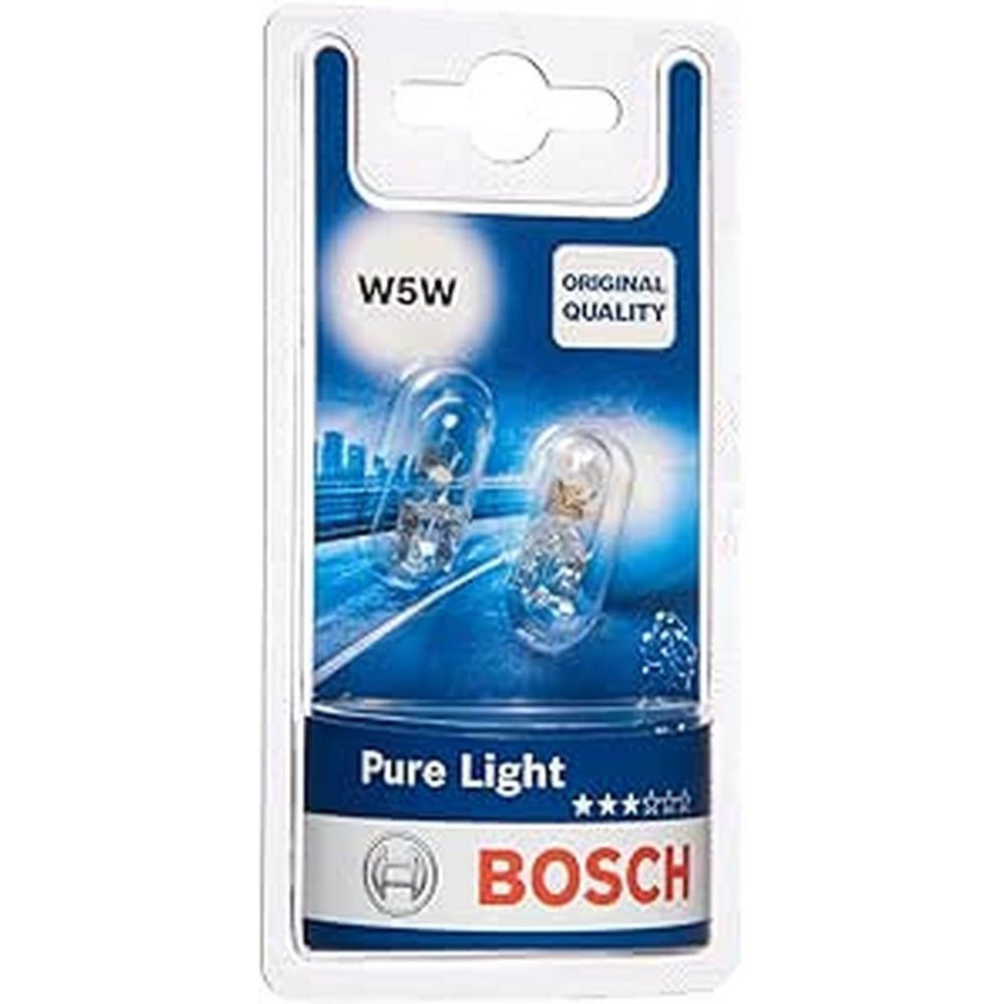 Bosch Pure Light W5W side light bulbs (twin pack), 12V 5W automotive bulbs designed for clear, reliable illumination in vehicle side or parking lights.