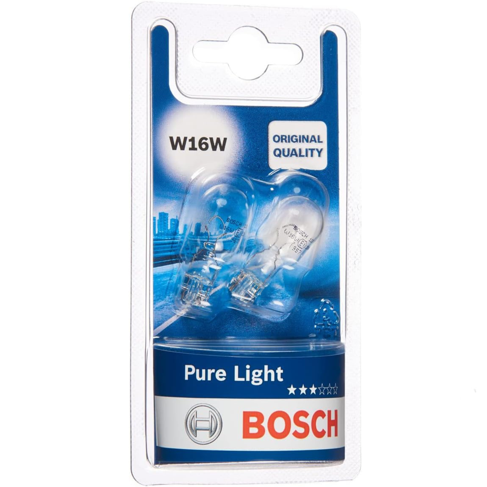 Bosch 955 W16W 12V 16W Pure Light tail light bulbs twin pack, OEM-quality car bulbs for bright rear lighting and improved road safety