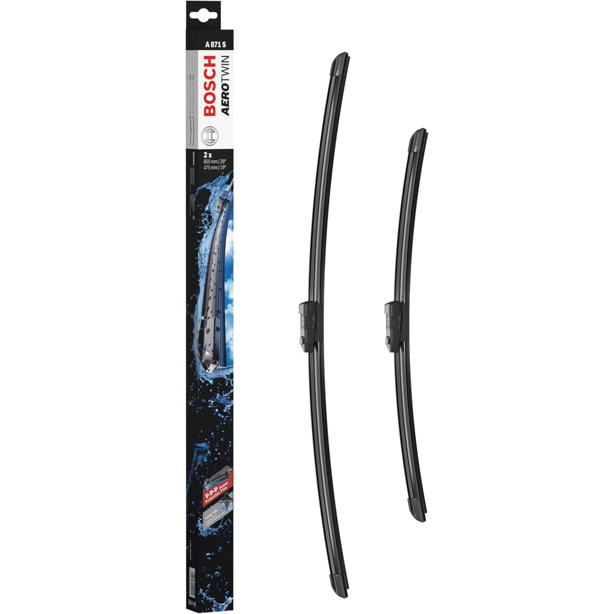 Bosch Aerotwin flat windshield wiper blade set, 24-inch and 16-inch (600mm/400mm), frameless aerodynamic car wiper blades, model A871S