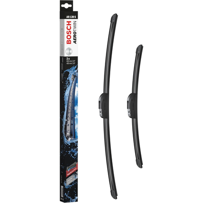 Bosch Aerotwin Flat Wiper Blade Set AR139S, 24-inch (600 mm) and 16-inch (400 mm) frameless windshield wipers with aerodynamic design and durable rubber blades for quiet, streak-free front window wiping.