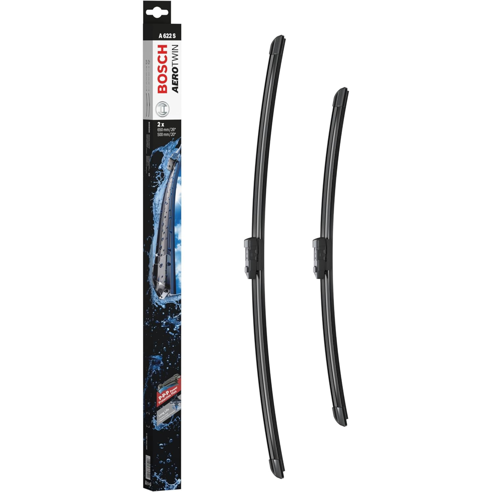 Bosch Aerotwin flat windshield wiper blade set, 24-inch and 18-inch (600mm/450mm), frameless aerodynamic car wiper blades, model A622S