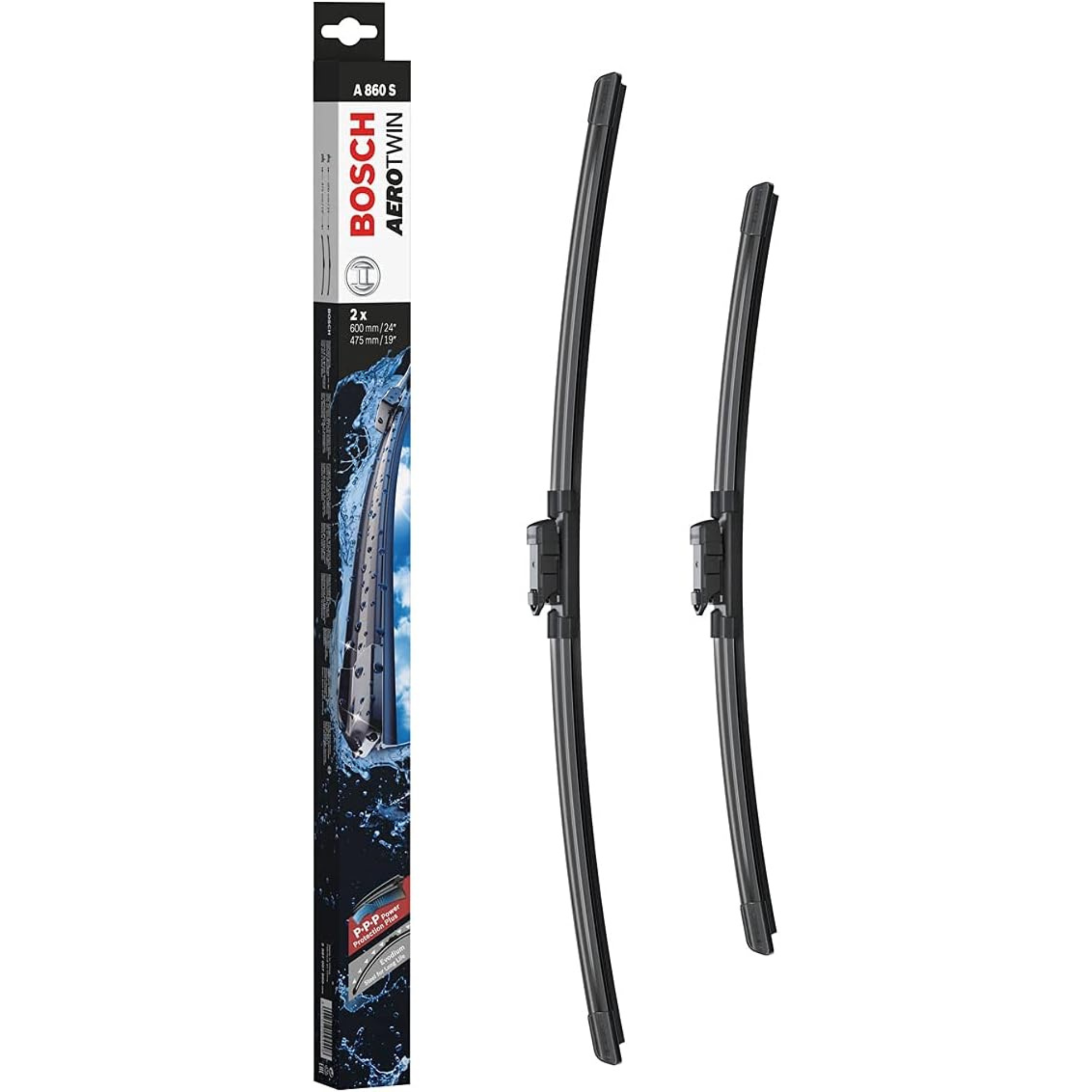 Bosch Aerotwin Flat Wiper Blade Set A860S including 24-inch (600 mm) and 19-inch (475 mm) frameless windshield wiper blades, designed for aerodynamic performance, quiet operation, and clear visibility in rainy conditions