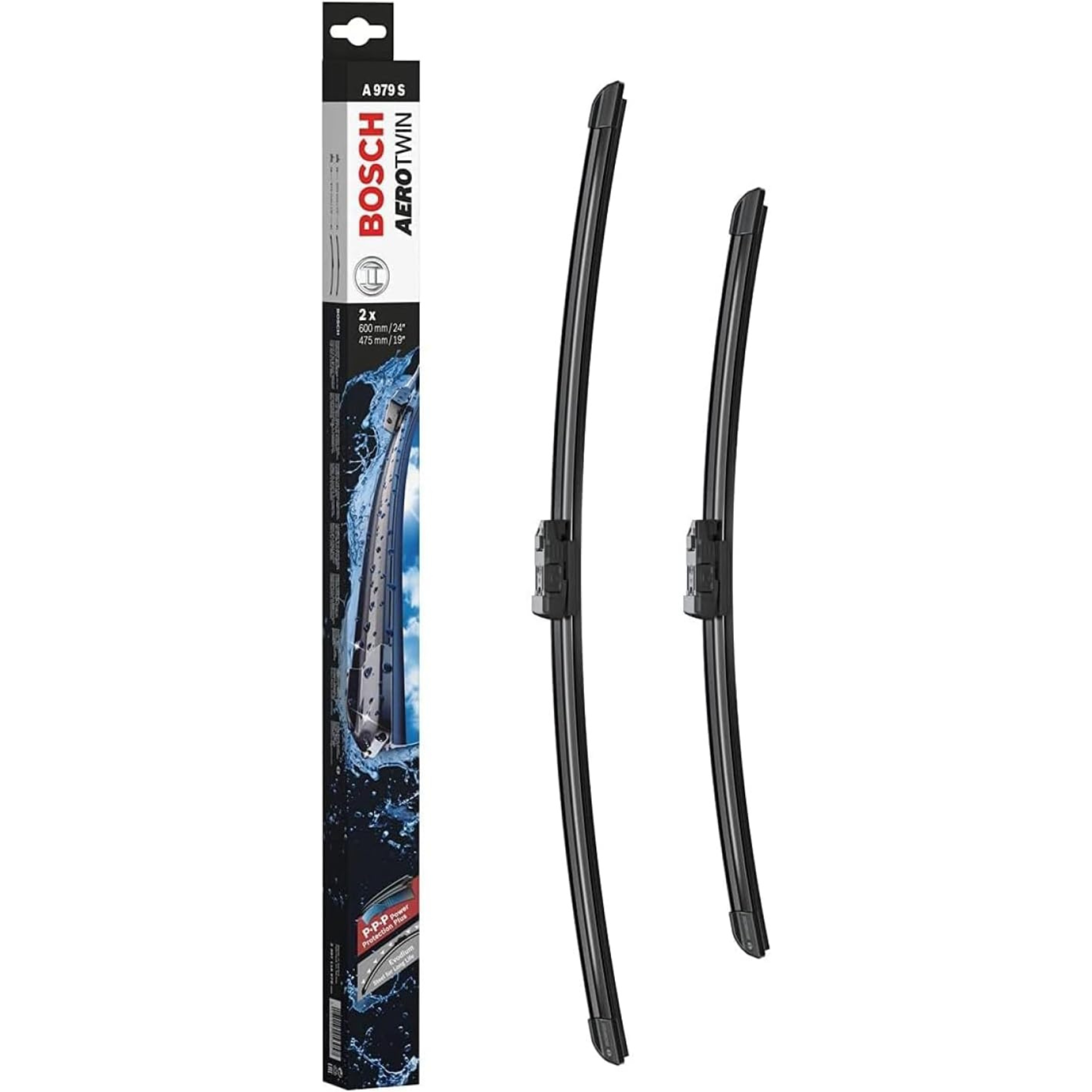 Bosch Aerotwin Flat Wiper Blade Set 26" (650mm) & 17" (425mm) - A978S, frameless aerodynamic car wiper blades, model A978S