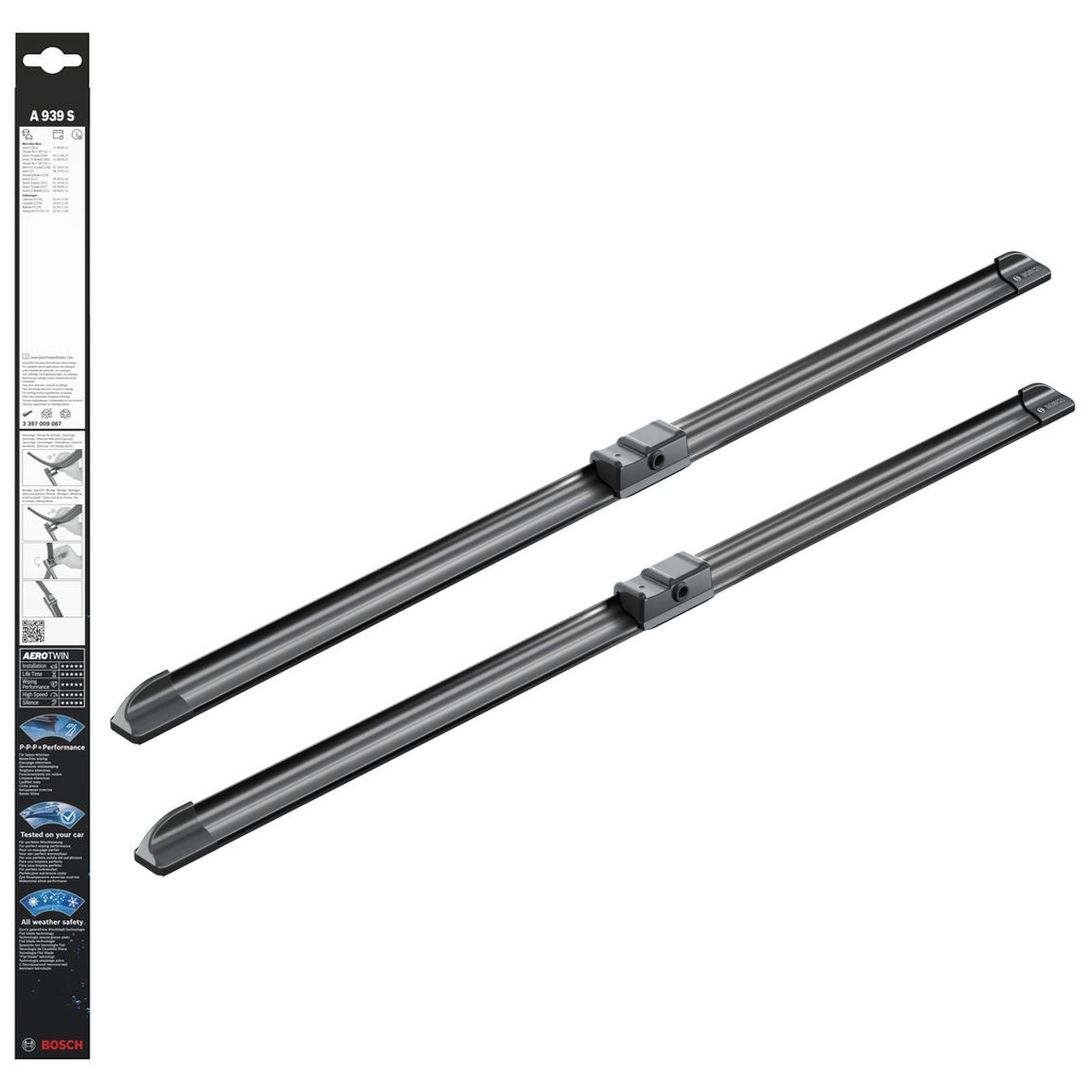 Bosch Aerotwin Flat Wiper Blade Set A939S with 24-inch (600 mm) and 20-inch (500 mm) aerodynamic flat wiper blades designed for quiet, smooth wiping and consistent windshield contact for improved visibility in rain