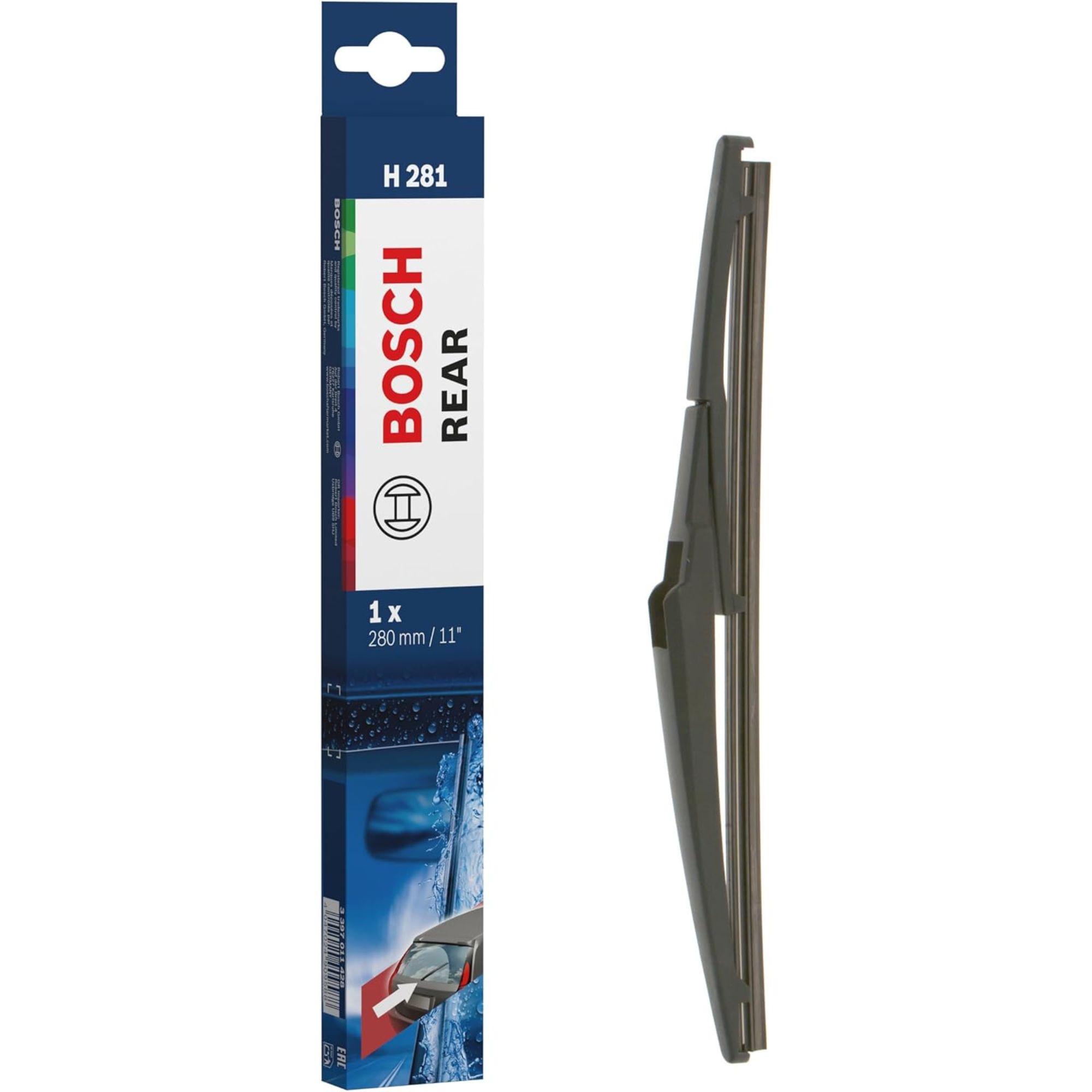 Bosch Conventional Rear Wiper Blade H281, 11-inch (280 mm) rear windshield wiper with traditional frame design and durable rubber blade for reliable, streak-free rear window cleaning