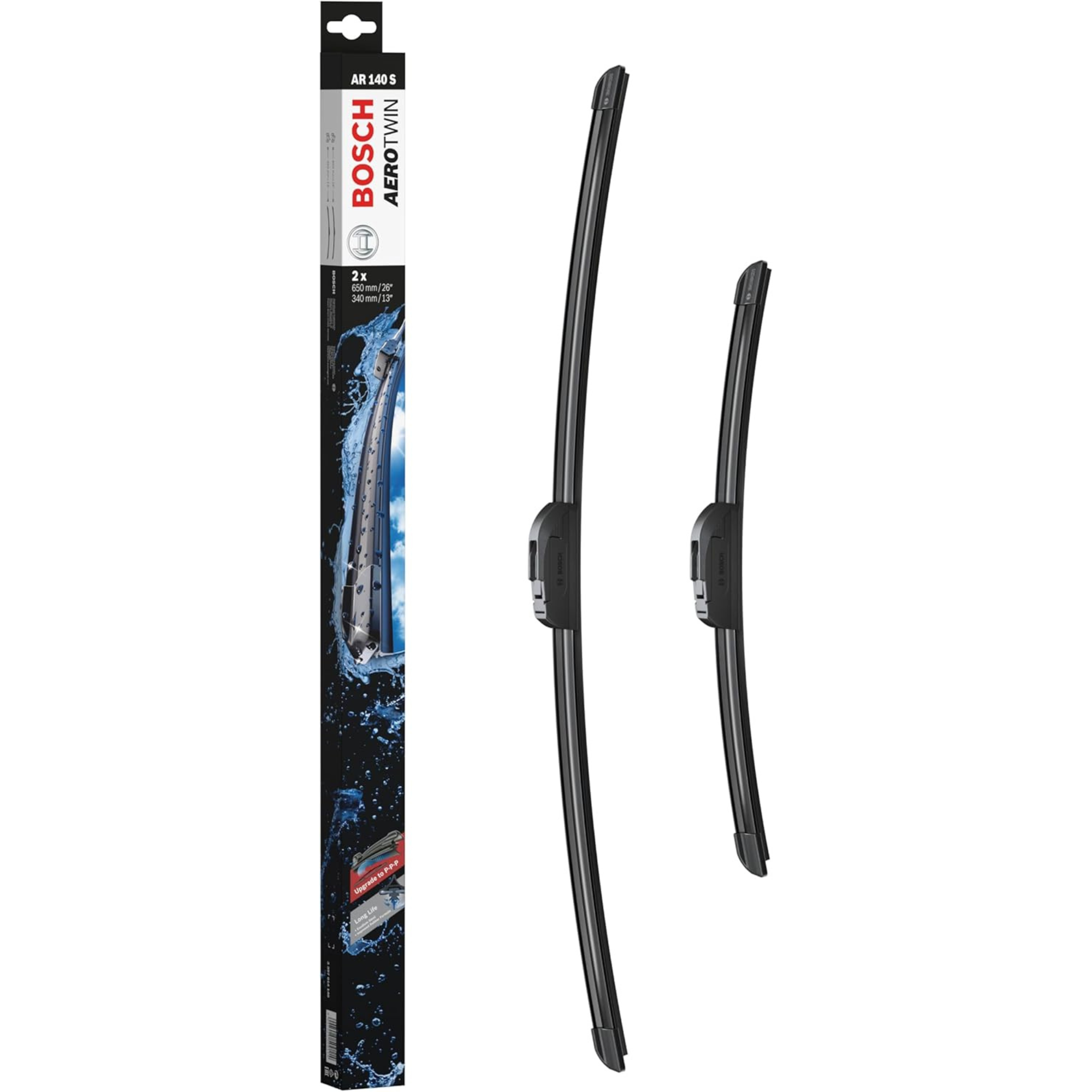 Bosch Aerotwin Flat Wiper Blade Set AR140S, 26-inch (650 mm) and 13-inch (340 mm) frameless windshield wipers with aerodynamic design and durable rubber blades for quiet, streak-free front window wiping