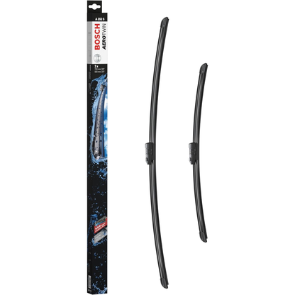 Bosch Aerotwin Flat Wiper Blade Set A352S, including 30-inch (750 mm) and 20-inch (500 mm) frameless windshield wiper blades, engineered for aerodynamic design, smooth wiping, and improved visibility in rainy conditions.