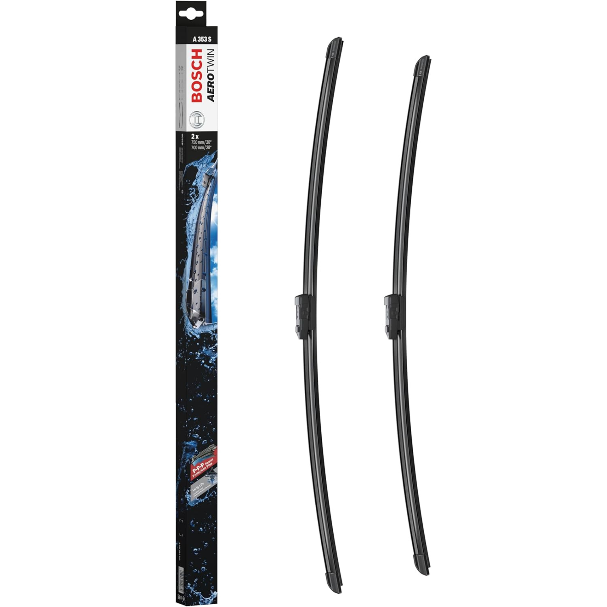 osch Aerotwin Flat Wiper Blade Set A353S, 30-inch (750 mm) and 28-inch (700 mm) frameless windshield wipers with aerodynamic design and durable rubber for quiet, streak-free front window wiping