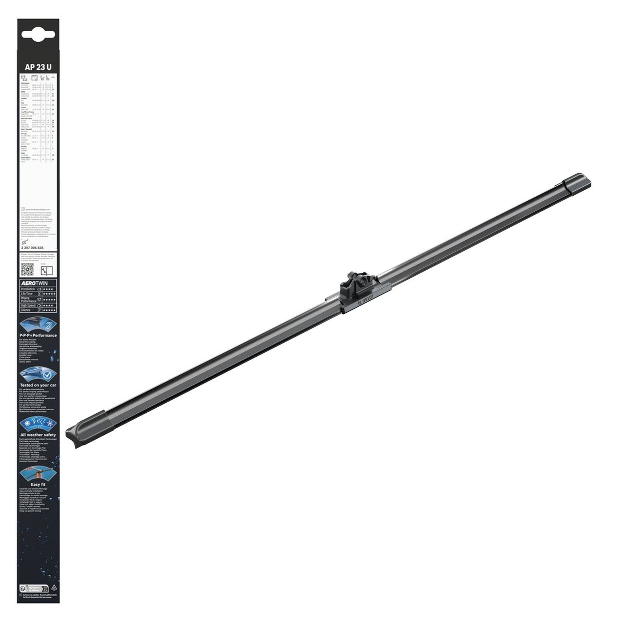 Bosch Aerotwin Plus Flat Wiper Blade 23-inch (575 mm) model AP23U, an aerodynamic frameless windshield wiper designed for smooth, quiet wiping and improved visibility in wet weather.