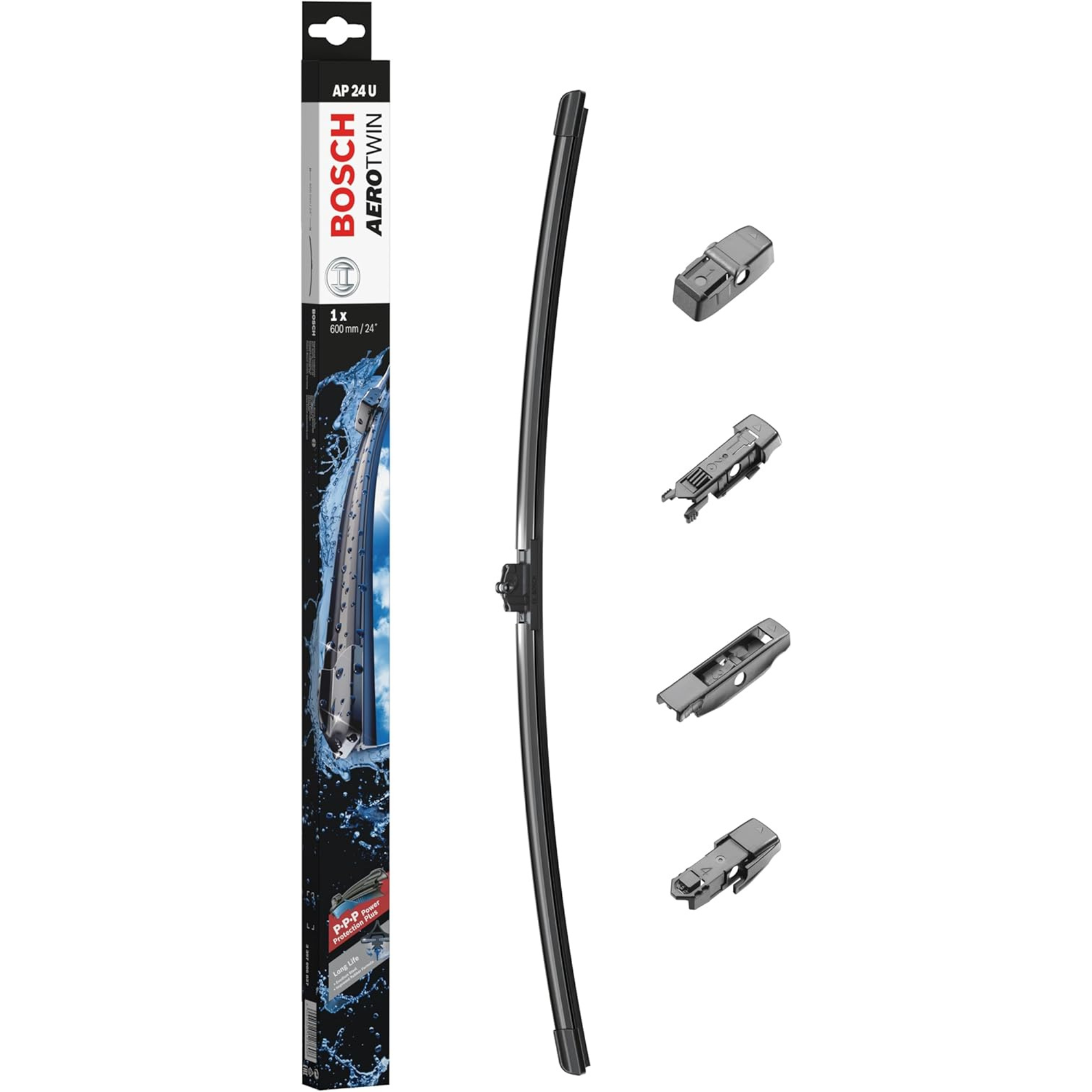 Bosch Aerotwin Plus Flat Wiper Blade 24 inch (600mm), model AP24U, black, designed for front windshield of cars