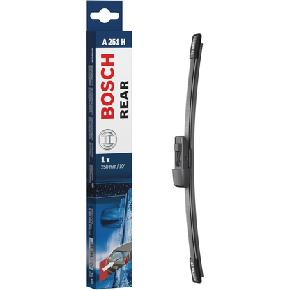 Bosch Aerotwin rear wiper blade, 10-inch (250mm), frameless aerodynamic rear windshield wiper for vehicles, model A251H.