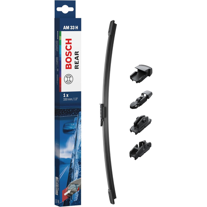 Bosch Aerotwin Rear Wiper Blade 13-inch (330 mm) model AM33H, a frameless rear windshield wiper designed for quiet operation and efficient clearing of rain and debris.