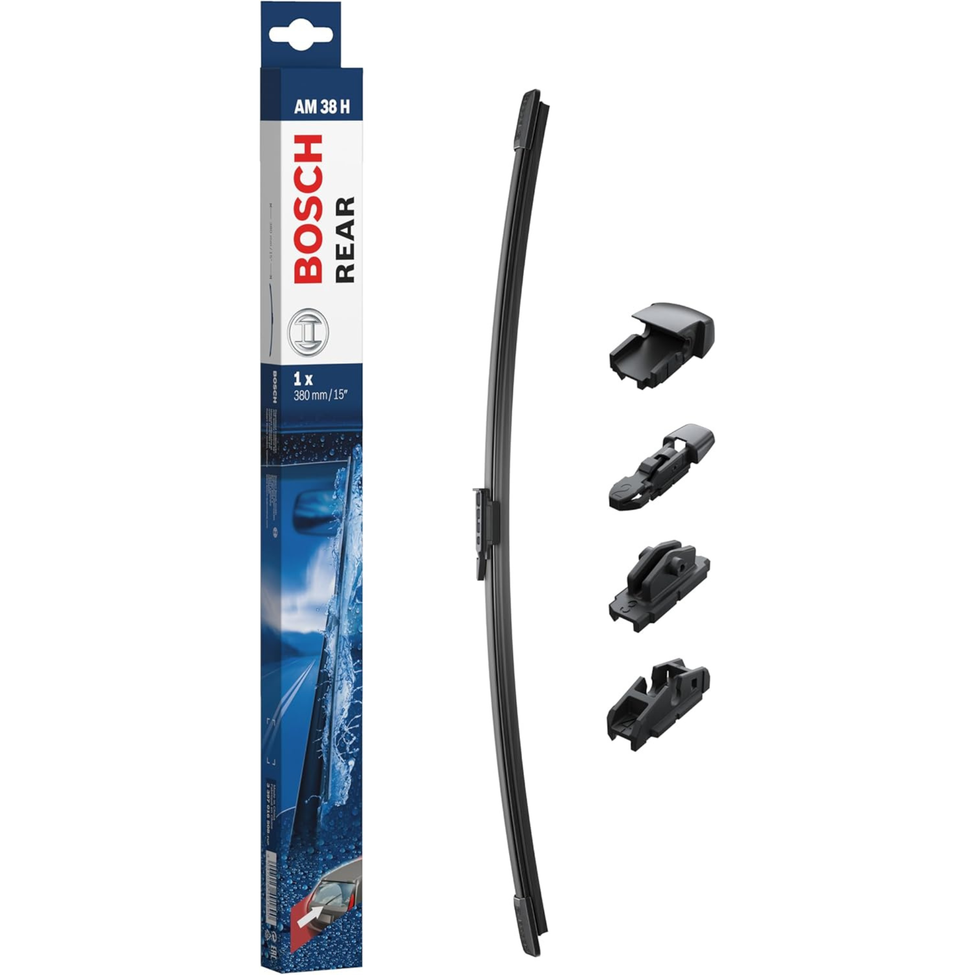 Bosch Aerotwin Rear Wiper Blade AM38H, 15-inch (380 mm) flat rear windshield wiper designed for smooth, quiet performance and clear visibility in wet weather.