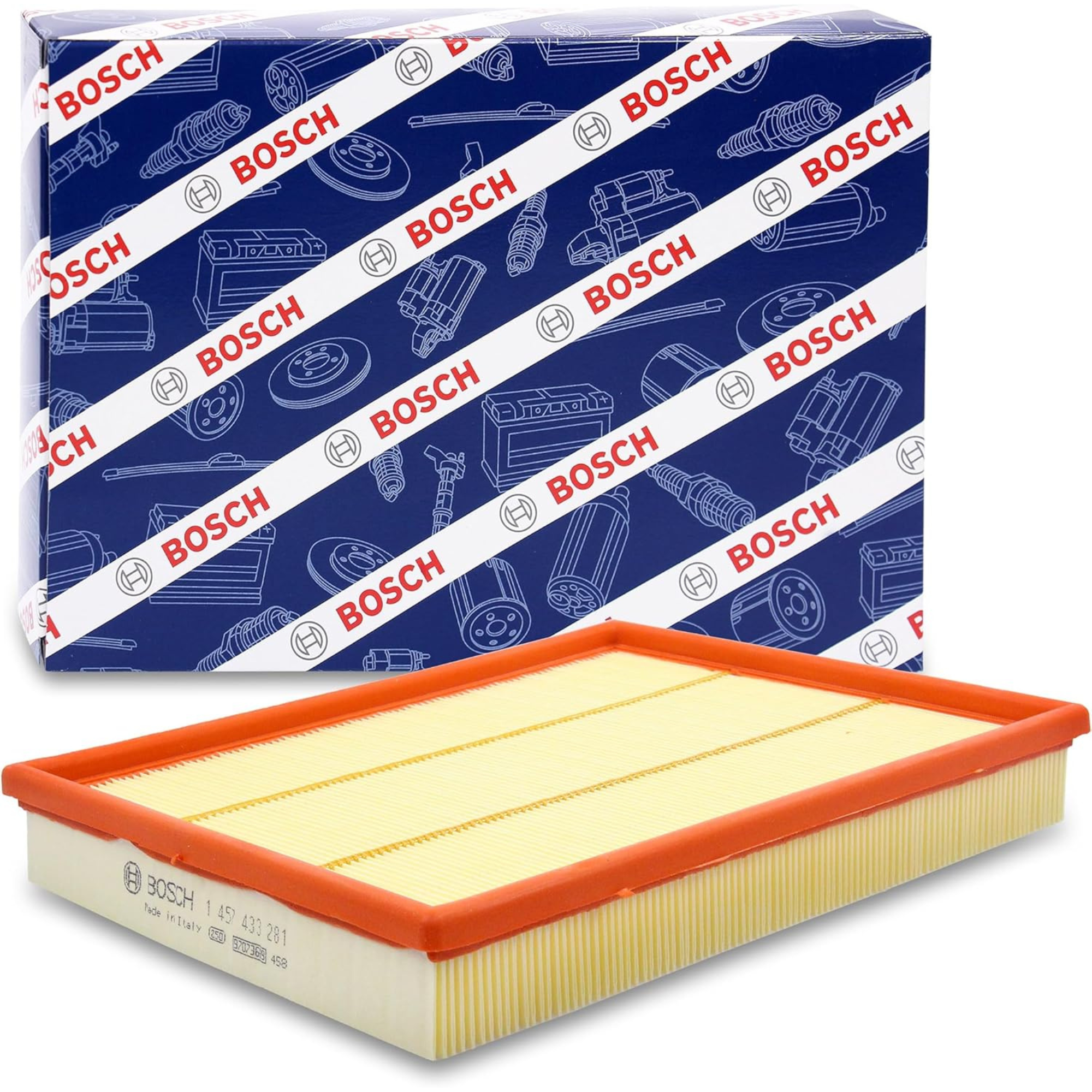 1457433281,S3281,Bosch air filter 1457433281 S3281, rectangular automotive engine air filter with pleated paper element and black plastic frame
