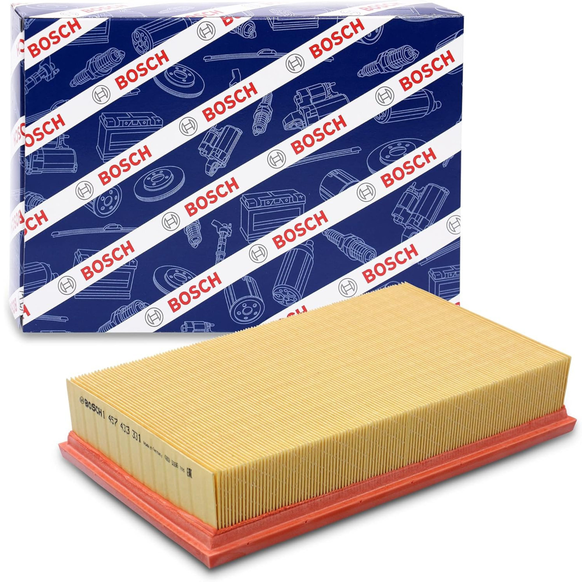 1457433331,S3331,Bosch air filter 1457433331 S3331, rectangular automotive engine air filter with pleated paper element and black plastic frame