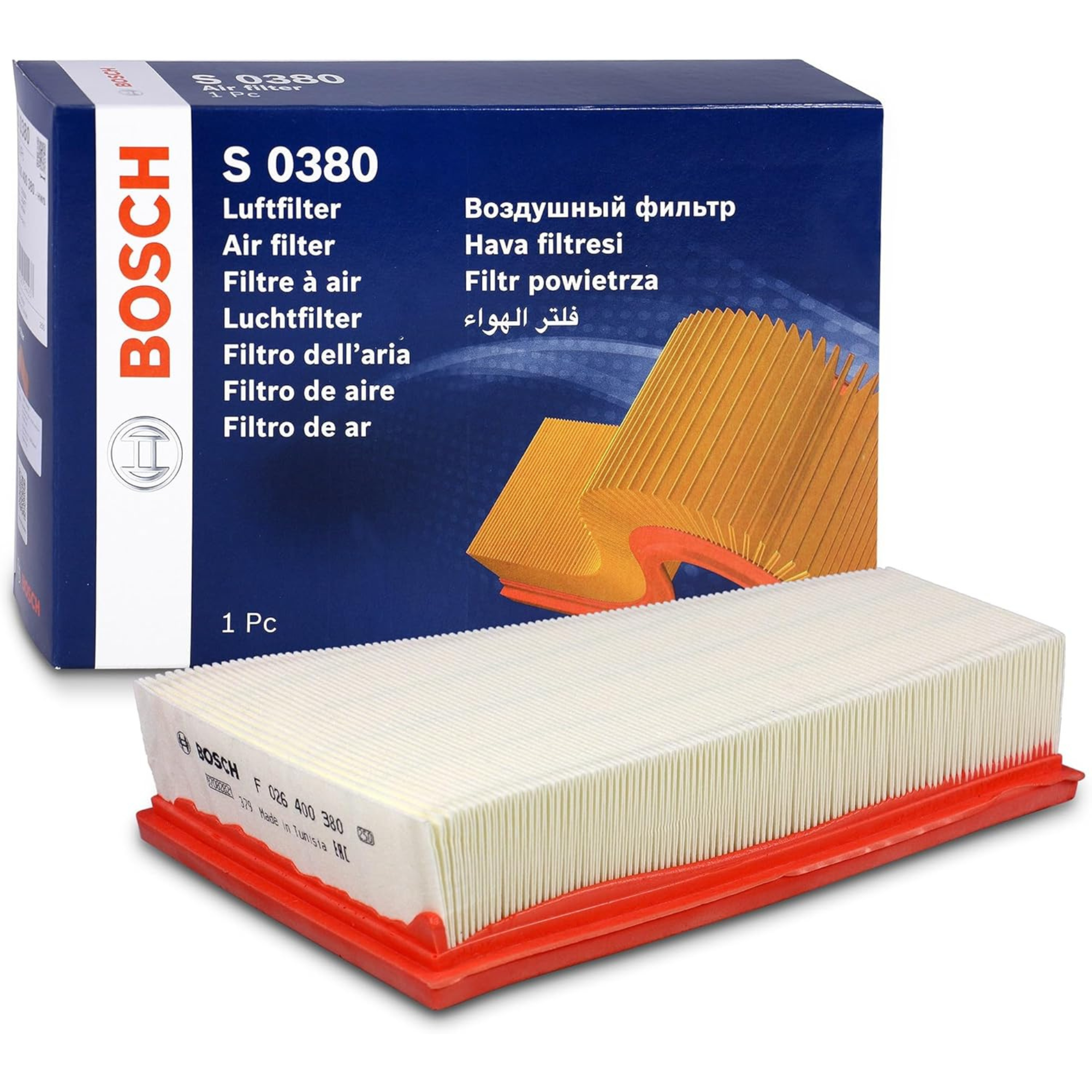F026400380,S0380,Bosch air filter F026400380 S0380, rectangular automotive engine air filter with pleated paper element and black plastic frame
