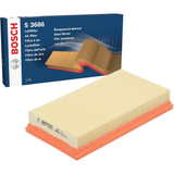 1457433686,S3686,Bosch air filter 1457433686 S3686, rectangular automotive engine air filter with pleated paper element and black plastic frame