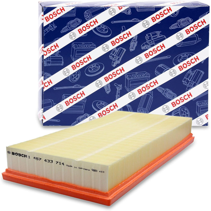 1457433714,S3714,Bosch air filter 1457433714 S3714, rectangular automotive engine air filter with pleated paper element and black plastic frame