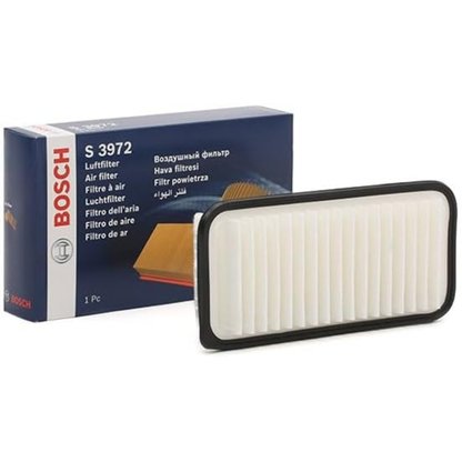 1457433972,S3972,Bosch air filter 1457433972 S3972, rectangular automotive engine air filter with pleated paper element and black plastic frame