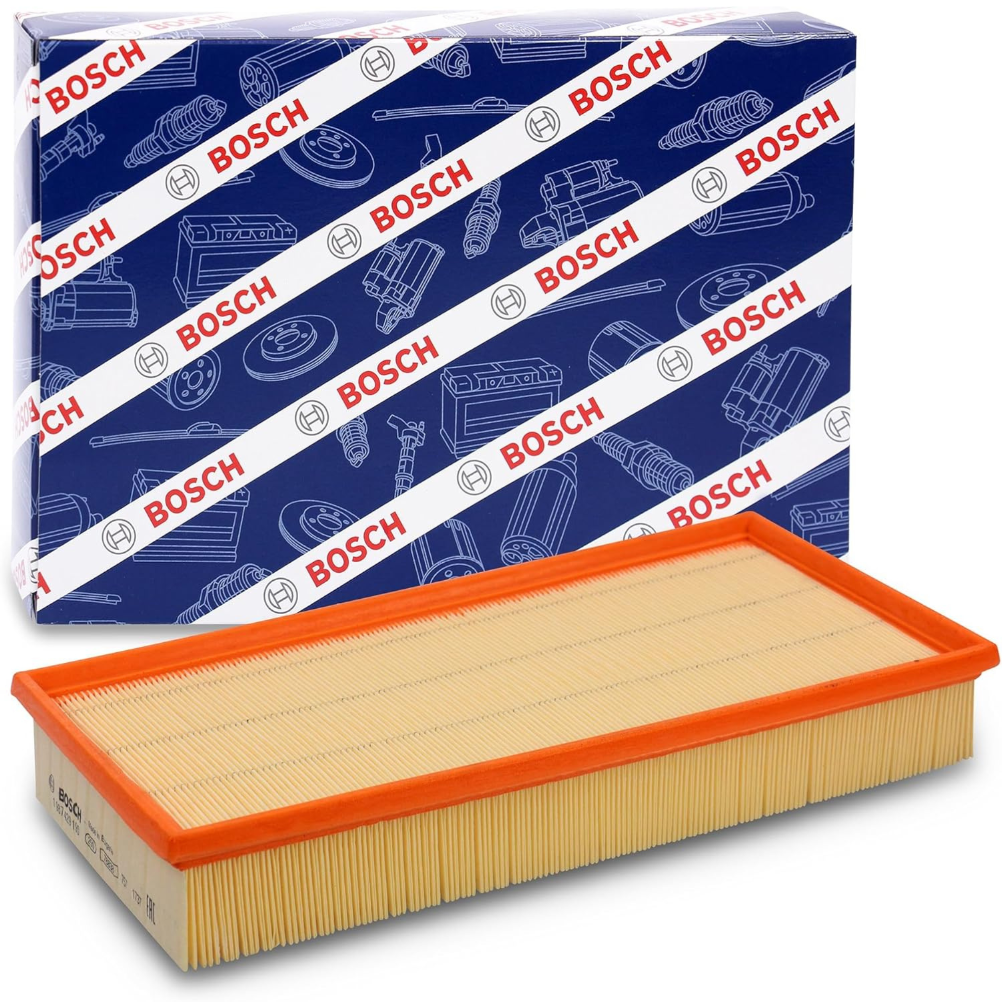 1987429190,S9190,Bosch air filter 1987429190 S9190, rectangular automotive engine air filter with pleated paper element and black plastic frame